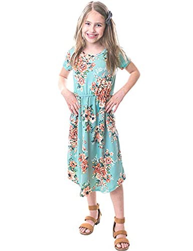 21Kids Girls Floral Maxi Dress Kids Casual Short Sleeve Tshirt Dress With Pockets,Light Green, 6Years #TOP1