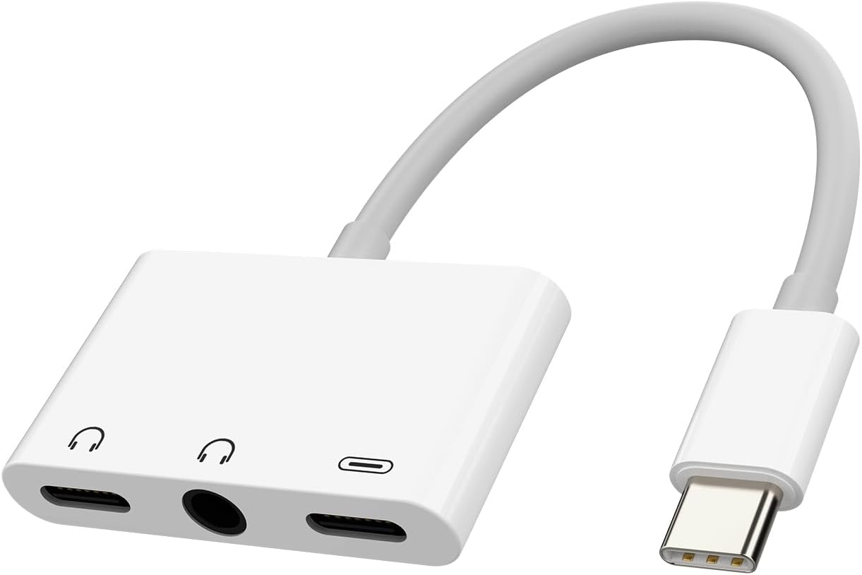 for iPhone 15 Pro Max Plus USB-C to 3.5mm Audio Adapter 3 in 1 Dual Type C Aux Splitter Charger Headphone Jack Dongle Cord Compatible for Samsung for iPad 10、Air4/5、Mini6、12.9 Charging Cable CJJ0182-