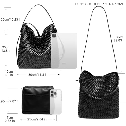Image of Large Woven Tote Bag Vegan Leather Shoulder Bag for Women Fashion Travel Shopper Bag Top Handle Handbag and Purse