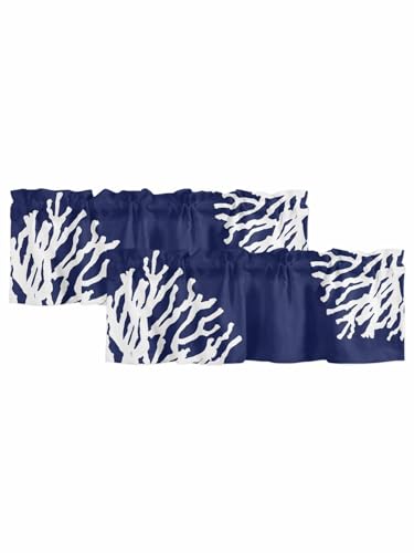 Rullikatlyi Navy Blue Coastal Curtain Valances for Windows, Sea Nautical Coral Kitchen Valance Window Treatments Panel 2 Pack, Summer Beach Rod Pocket Short Curtains for Bathroom Bedroom 54 x 18 Inch
