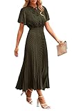 PRETTYGARDEN Womens Summer Midi Dresses Puff Short Sleeve V Neck Swiss Dot Pleated A Line Flowy Long Wedding Guest Dress (Army Green,Small)