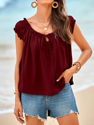 Image of Tankaneo Women Summer Tie Front Tank Tops Cap Sleeve Pleated Babydoll Tops Casual Loose Fit Going Out Flowy Shirt