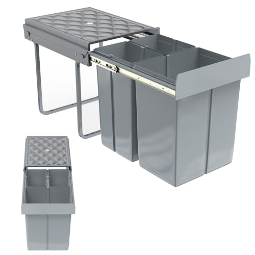 VA-Cerulean 3 Fächer Einbaumülleimer System 2x10+20 Liter, Abfallsammler Ausziehbarer Mülleimer mit Teleskopschienen, Herausnehmbare Eimer Mülltrennsystem, Grau, 48 x 34,2 x 41,8cm