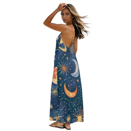 Robe longue bleu galaxie à bretelles spaghetti et dos nu d'été pour femme