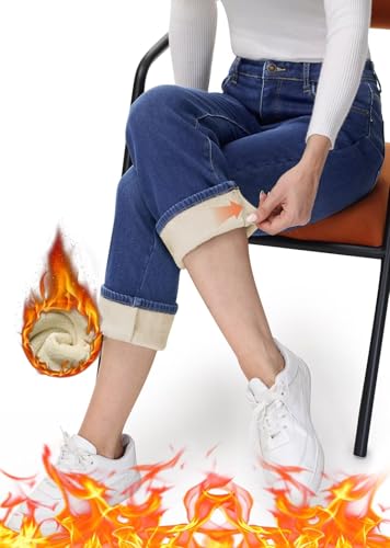 AMRSPENG Women's Fleece Lined Jeans Women Straight Leg Jeans Winter High Waisted Fleece Lined Denim Pants4