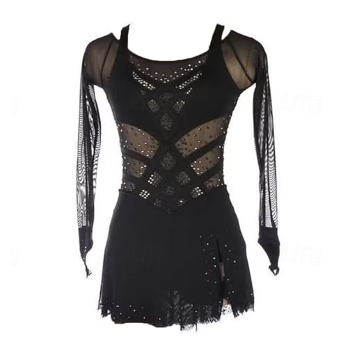 Black,11_13Years,Girls' Figure Skating Training Dress Classic Gymnastics Leotards Solid Color Ice Skating Performance Skirt Long Sleeves