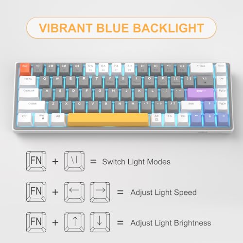 Image of MageGee 60% Mechanical Gaming Keyboard, 68 Keys Compact Blue LED Backlit Gaming Keyboards, SKY68 Wired Ergonomic Mini Office Keyboard for Windows PC Gamer (Yellow Switch, White & Gray)