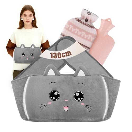 NAJILI Wärmflasche Wärmflaschengürtel 1L 130cm Extra Langer 3 in 1 Wärmflasche Gürtel aus Katze mit Weichem Taillenbezug Gummi Hot Water Bottle für Periode Nacken Schulter Rücken Beine Taille