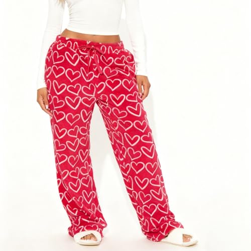 Image of Valentine's Day Flannel Pants Women's Romantic Heart Print Elastic Drawstring Waistband Wide Leg Loose Fit Trousers