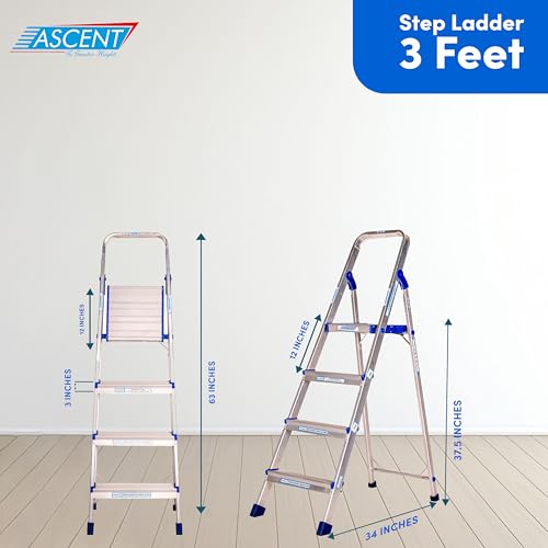 Image of Ascent 4 Step Aluminium Foldable Ladder for Home | Heavy Duty Virgin Aluminium Step Ladder | Anti-Slip Steps, Wide Platform | 180 kg Capacity | Rust-Proof | Lightweight | Accurate Size | 5 Yr Warranty