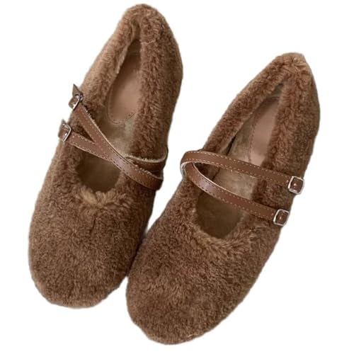 WENJIAZHIZHI Women's Warm Fur Lined Mary Jane Shoes Ankle Buckle Thick Memory Insole Comforable Dressy Flats Shoes