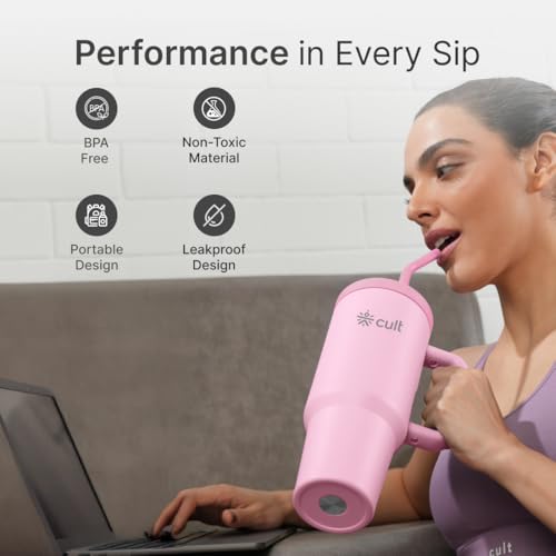 Image of CULT 1200ml Stainless Steel Insulated Tumbler with Handle, Straw & Cleaner Double Wall Vacuum Bottle for Hot & Cold Drinks Leakproof Travel Mug Reusable for Gym, Office & Travel Pink