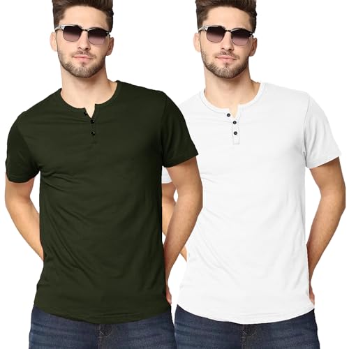 Image of LAZYCHUNKS Henley Neck Men's Cotton Half Plain Sleeves Slim Fit T-Shirt | Round Neck Men's Tshirt | Solid Colors | Summer Wear | - Multicolor