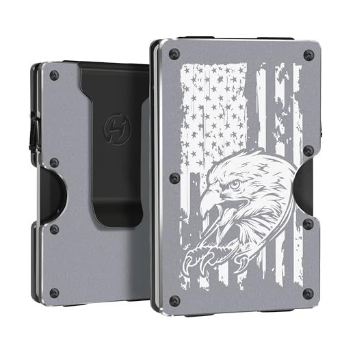 Image of Men Minimalist Aluminum Metal Wallets with Money Clip - Engraved Eagle and American Flag - Slim Front Pocket RFID Blocking Credit Card Holder for Travel Business