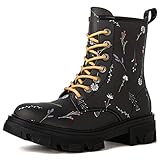 GLOBALWIN Women's Lace-up Black Floral Print Ankle Bootie Military Combat Boots Size 8M