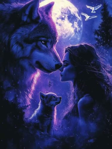 Peinture Diamant Grand Format contre le stress, kit DIY 100x135cm broderie loup et lune