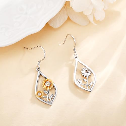 Sunflower Earrings 925 Sterling Silver Sunflower Teardrop Dangle Drop Earring Sunshine Floral Earrings Sunflower Jewelry Gifts for Women3