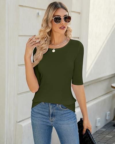 Huukeay 3 Pack Women's Half Sleeve Tops 1/2 Sleeve T-Shirt Womens Basic Round Neck Slim Fit Tight Casual Elbow Summer Tees4