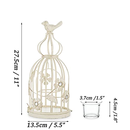Candle Holder Rustic Decorative Birdcage: Pillar Candleholder Set For Boho Candle Ornaments Display, Vintage Shabby Chic Wedding Home Decor Whitewashed, Coffee Table Decor Centerpiece, Ivory #TOP4