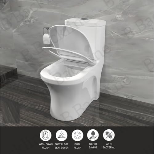 Image of B BACKLINE Coco Ceramic One Piece Western Toilet | S-Trap Floor Mounted Water Closet | European Commode with Soft Close Seat Cover | Glossy White (7-Year Color Warranty)