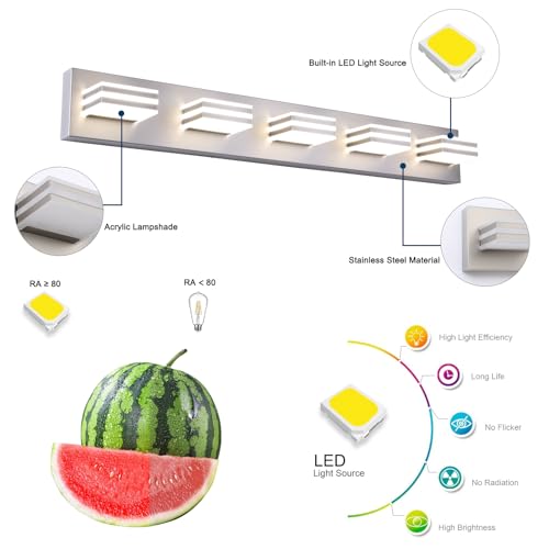 Image of LED Wall Brushed Nickel Vanity Lights for Bathroom Light Fixtures 30W Adjust 3 Colors Modern Bath Lighing Over Mirror LED Vanity Light (5-Light,34inch)