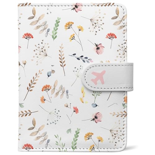 Passport Holder, Travel Wallet Cover with Pen Loop | Cute RFID Blocking Leather Case with Magnetic Closure for Travel Essentials-Flower