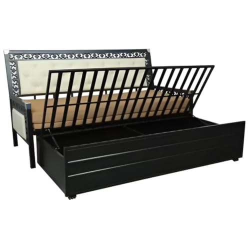 Image of Rexo Metal Sofa Cum Bed with Hydraulic Storage | 3 Seater Convertible Sofa Bed for Living Room | Heavy Duty Metal FrameMatte Black Finish with Light Brown Cushion, Queen