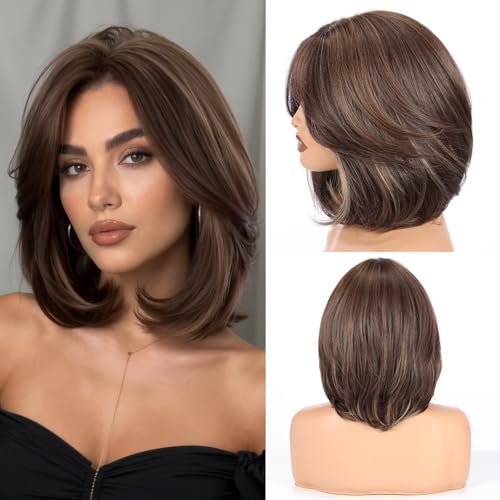 topshe Textured Layered Bob Wig with Curtain Bangs, 12 Inch
