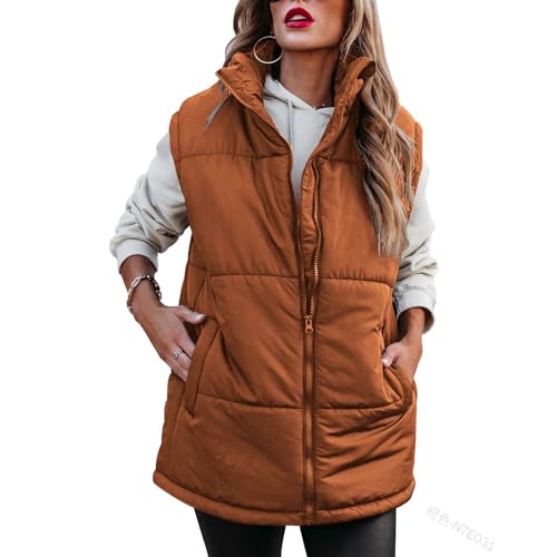 Image of LABULADUO Puffer Vest Women Sleeveless Zip Up Outerwear Warm Lightweight Stand Collar Down Padded Jacket Coat Puffy Vest, Orange 2, S