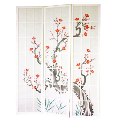 PEGANE Paravent Japonais Fleur de Cerisier en Bois Blanc de 3 pans, L132 x H175 x P2 cm