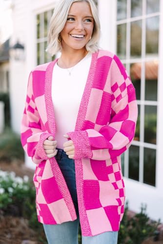 Stylish Long Sleeve Cardigan: Rose Red Checkered Print with Ribbed Trim4