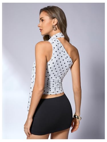 Image of RoseSeek Women's Y2K Leopard Polka Dots Halter Asymmetrical Neck Crop Tops | One Shoulder, Slim Fit, Sleeveless, Cheetah Print, Summer Tops, Scarf Tops, Party, Going Out Tops