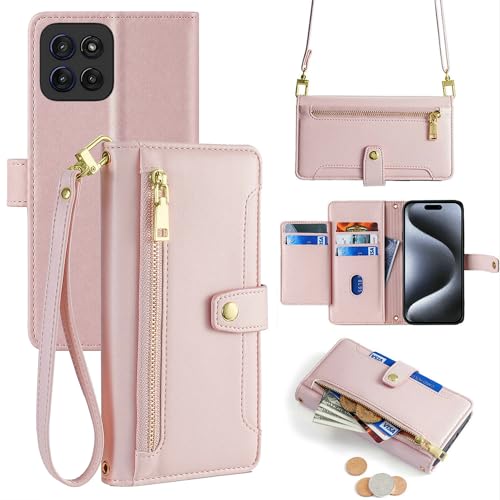 Étui Motorola Moto G100 en cuir rose avec porte-cartes et fermeture éclair