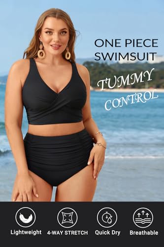Aqua Eve Women Plus Size Two Piece Swimsuit High Waisted Bikini Set Tummy Control Bathing Suit Black 14W