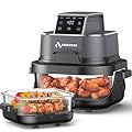 Arecovas 4-in-1 Portable Glass Air Fryer, 140–400°F Precise Heat, Max Crisp Technology, 4.2QT & 1.6QT Dual Containers with Lids, Freezer & Dishwasher Safe, Bake, Recrisp, Air Fry