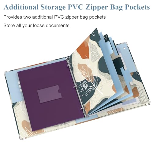Image of 3 Ring Binder, 1 Inches Round Ring Binder with Clipboard, Dividers Tabs, PVC Zipper Bag Sleeves & to Do List Planners for Women, Men, School, Office Supplies, Boho Leaf