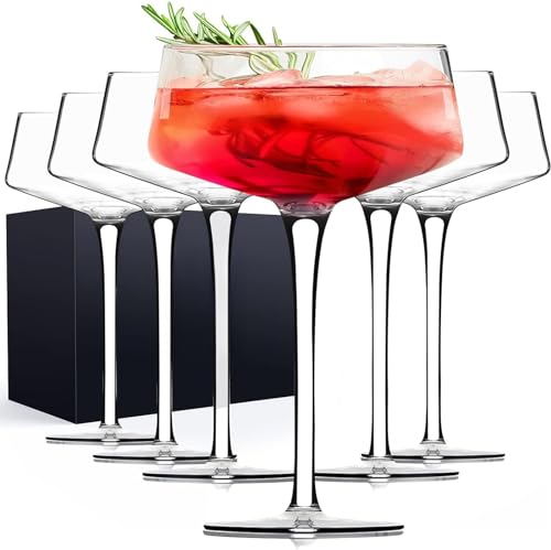 THE WHITE SHOP 6PCS Crystal Glass Cocktail Glass Set Unique Convex Bottom Elegant Hand Blown Glasses for Bars Cocktails