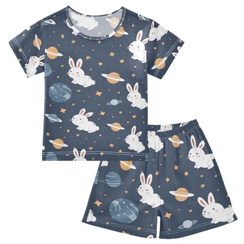 ALAZA Rabbit Space Planet Star Pajamas Set Short Sleeve Cotton Sleepwear Summer Pjs 2 Piece 5-14Y