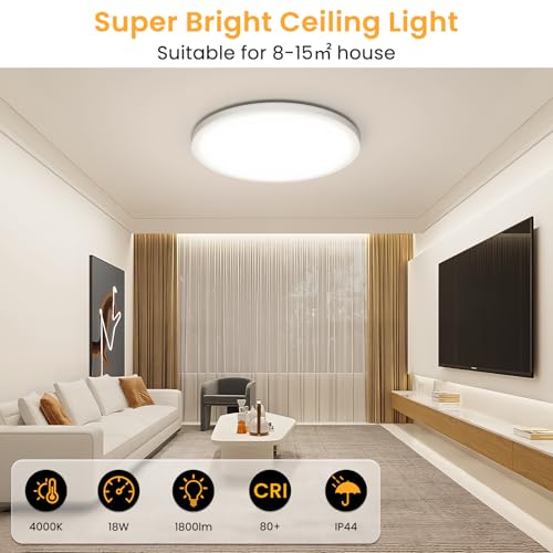 NIBSHOOM Deckenlampe LED Deckenleuchte Rund Flach 4000K,18W/1800LM/IP44 Wasserfest Ultradünn Badezimmer Lampe Decke, Modern Schlicht deckenlampen für Schlafzimmer Wohnzimmer Flur Küche Büro,220*17mm