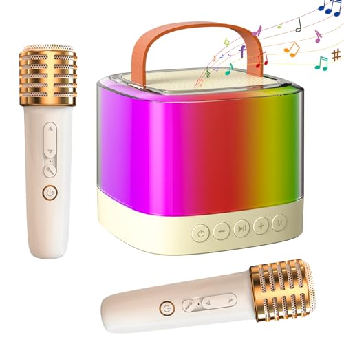 WEPPGO Mini Karaoke Machine with 2 Wireless Microphones, Bluetooth Portable Karaoke Speaker with Dazzling Lights Modes, Birthday Gifts Toys for Kids, Girls Boys Family Party