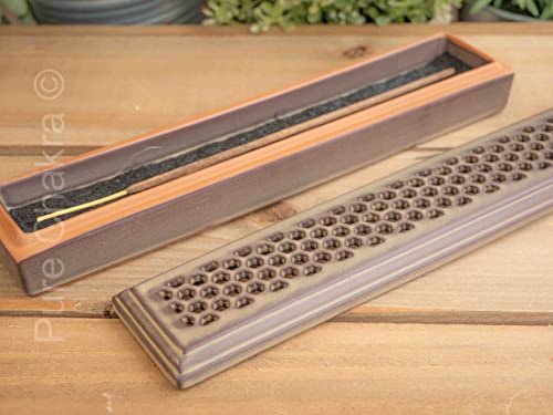 9.5” Rectangular Ceramic Incense Coffin Burner Box | Stick Rope Dhoop Cone Ash Catcher | Traditional Chinese Design Meditation (Distressed Brown) #TOP3