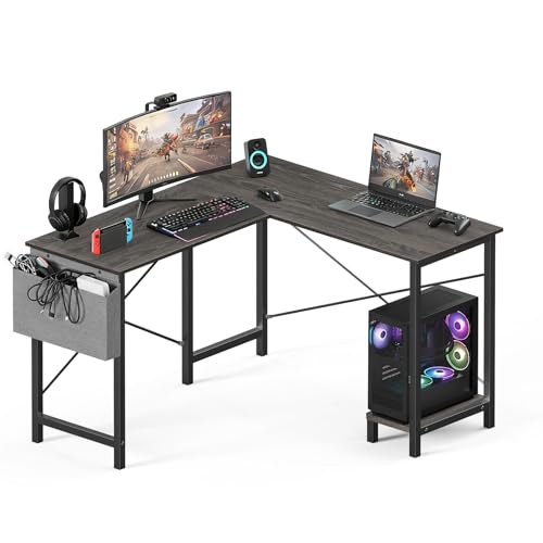 Image of OLIXIS 50-Inch L Shaped Desk, Grey Office Computer Gaming Desk Corner PC Table with Side Bag and Reversible Shelf for Home Work Study Writing, Sturdy Durable Design with Easy Setup