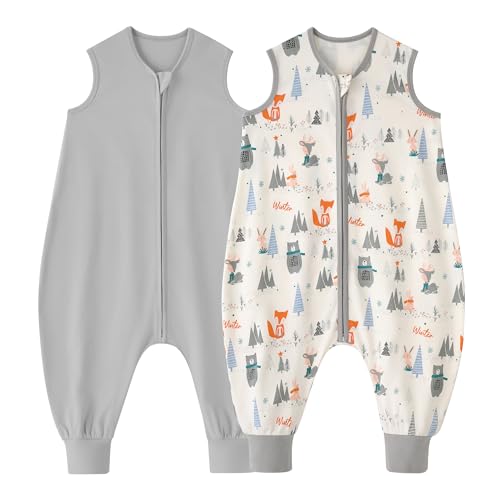 Looxii Pack de 2 Saco de Dormir bebé con Pies 0.5 TOG Algodón sacos de dormir de verano para 4-6 año Niños Niñas 100 cm Bosque Gris