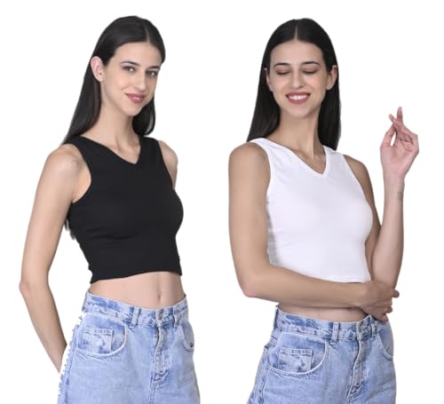 Image of Women's & Girl's Plain Black & White Tank Tops Crop Top (Set of 2)