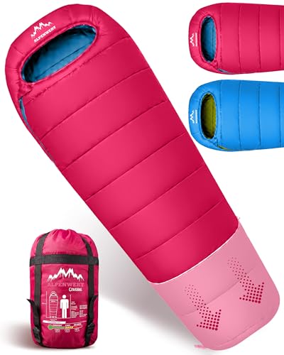 ALPENWERT® Kinderschlafsack Sommer – wächst mit! [130–170 cm] – Nur 920g, Kompakt [32×19 cm] – Perfekt für Camping, Festival, Outdoor – Mumienschlafsack ab 6 Jahren (Pink/Hellblau)