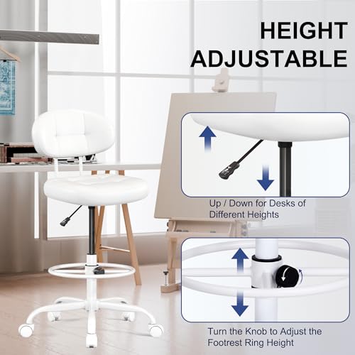 Image of Misolant Drafting Chair, Armless Tall Office Chair with Footrest Ring for Standing Desk, Small Faux Leather Executive Computer Chair with Adjustable Height for Bar Lab Counter Height Desk, White