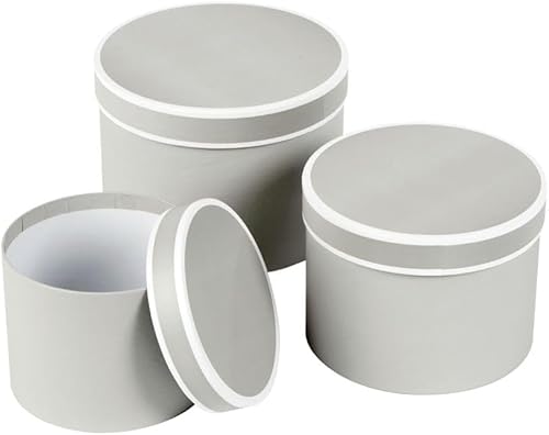 Floralcraft Set of 3 Round Lined Couture Hat Boxes with Lids (Grey/White), Empty Storage Boxes Cardboard Florist Hat Boxes Jewellery Boxes for Wedding Anniversary Valentines Gift Christmas
