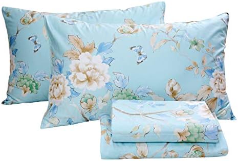 FADFAY Floral Bedding Shabby Blue Bird Print Bed Sheet Set Luxury Bedding Collections 800 Thread Count 100% Egyptian Cotton Deep Pocket, 4 Piece-California King Size