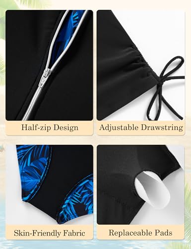 Image of Girls Rash Guard Swimsuits 2 Piece Half-Zip Long Sleeve Color Block Bathing Suits with Ruched Side Swimwear for 7-16Y