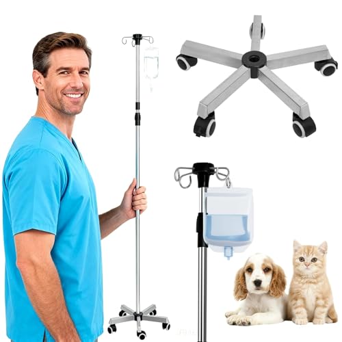 WONDSIGHIN Infusionsständer mit 4 Haken und 5 Beinen Rollen mit Feststellbremse Verstellbare Höhe von 164 bis 206 cm Tragbarer Medizinischer Infusionsständer Edelstahl